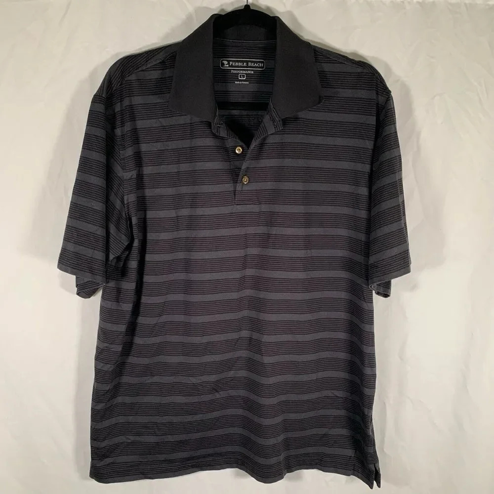 Pebble Beach Polo Men's Large Black Grey Striped Short Sleeve Performance